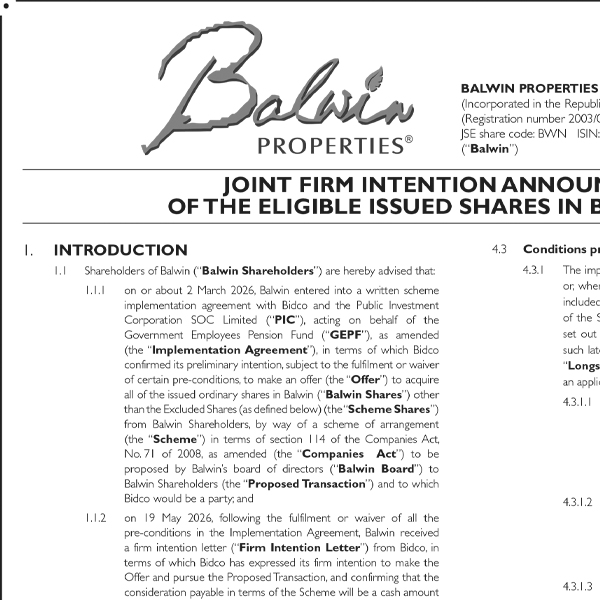 Firm Intention Announcement – Offer by Bidco to Acquire Balwin Shares